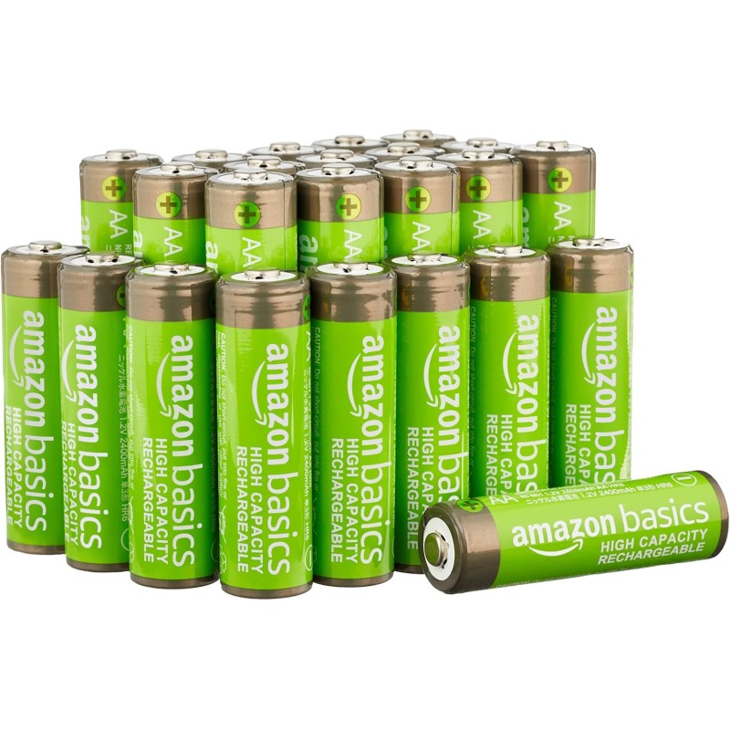 Amazon Basics Lot de 24 piles rechargeables AA NiMH haute capacité, 2400 mAh, 1,2 V, rechargeables 400 fois, préchargées