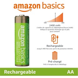 Amazon Basics Lot de 24 piles rechargeables AA NiMH haute capacité, 2400 mAh, 1,2 V, rechargeables 400 fois, préchargées