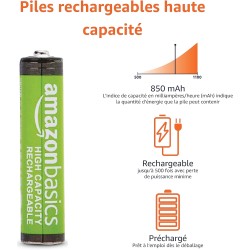 Amazon Basics Lot de 8 piles rechargeables AAA NiMH haute capacité, 850 mAh, 1,2 V, rechargeables 500 fois, préchargées