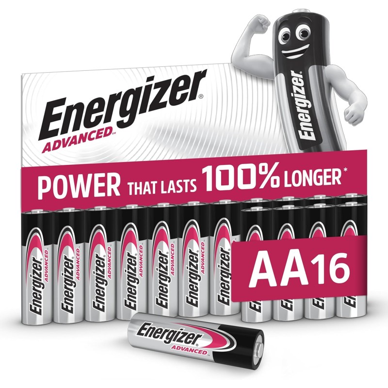 Energizer Advanced - Piles AA (Lot de 16) - Alcaline 1,5V - Haute Performance - Télécommandes, Jouets et Électroniques - Made in