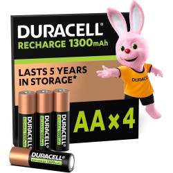 Duracell Rechargeables Piles AA (lot de 4), 1300 mAh NiMH, 2000 recharges, pré-chargées, Puissance longue durée, un packaging re