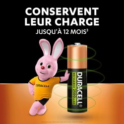 Duracell Rechargeables Piles AA (lot de 4), 2500 mAh, NiMH, pré-chargées, Longue durée, un packaging recyclable 0% plastique