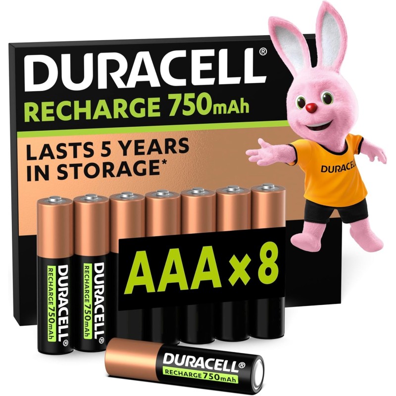 Duracell Rechargeables Piles AAA (lot de 8), 750 mAh NiMH, 1000 recharges, pré-chargées, Puissance longue durée, un packaging re