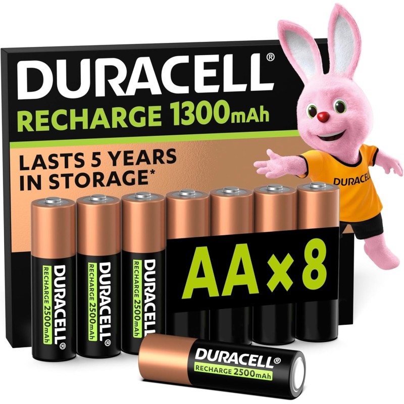 Duracell Rechargeables Piles AA (lot de 8), 1300 mAh NiMH, 2000 recharges, pré-chargées, Puissance longue durée, un packaging re
