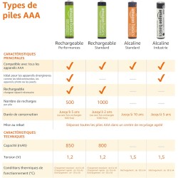 Amazon Basics lot de 16 piles rechargeables AAA NiMH Performance, 800 mAh, 1,2 V, rechargeables 1 000 fois, préchargées