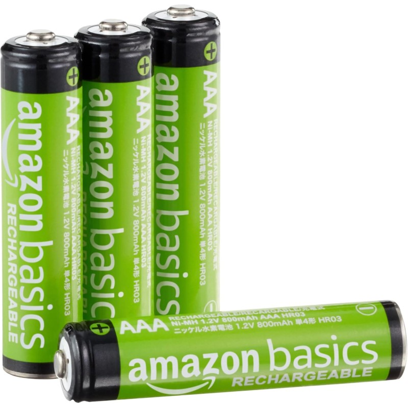 Amazon Basics Lot de 4 piles rechargeables AAA NiMH performantes, 800 mAh, 1,2 V, rechargeables jusqu'à 1 000 fois, préchargées