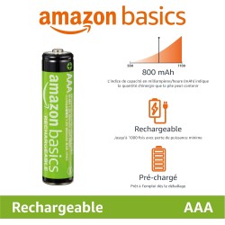 Amazon Basics Lot de 4 piles rechargeables AAA NiMH performantes, 800 mAh, 1,2 V, rechargeables jusqu'à 1 000 fois, préchargées