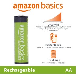 Amazon Basics Lot de 16 piles rechargeables AA NiMH, 2 000 mAh, 1,2 V, rechargeables jusqu'à 1 000 fois, préchargées