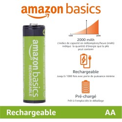 Amazon Basics Lot de 4 piles rechargeables AA NiMH, 2000 mAh, 1,2 V, rechargeables jusqu'à 1 000 fois, préchargées