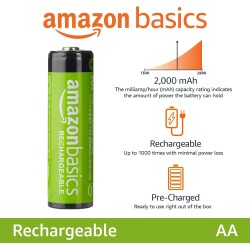 Amazon Basics Lot de 8 piles rechargeables AA NiMH, 2000 mAh, 1,2 V, rechargeables 1 000 fois, préchargées