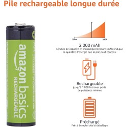 Amazon Basics Lot de 8 piles rechargeables AA NiMH, 2000 mAh, 1,2 V, rechargeables 1 000 fois, préchargées