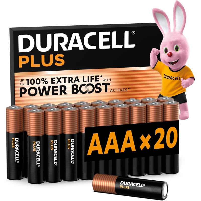 DURACELL Plus Piles AAA (Lot de 20) – Piles Alcalines 1,5 V–Durent Jusqu’à 100% Plus Longtemps grâce aux Actifs Power Boost–Fiab