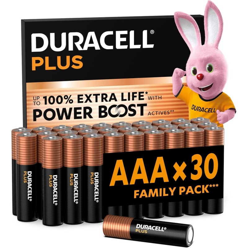 DURACELL Plus Piles AAA (Lot de 30) – Piles Alcalines 1,5 V–Durent Jusqu’à 100% Plus Longtemps grâce aux Actifs Power Boost–Fiab