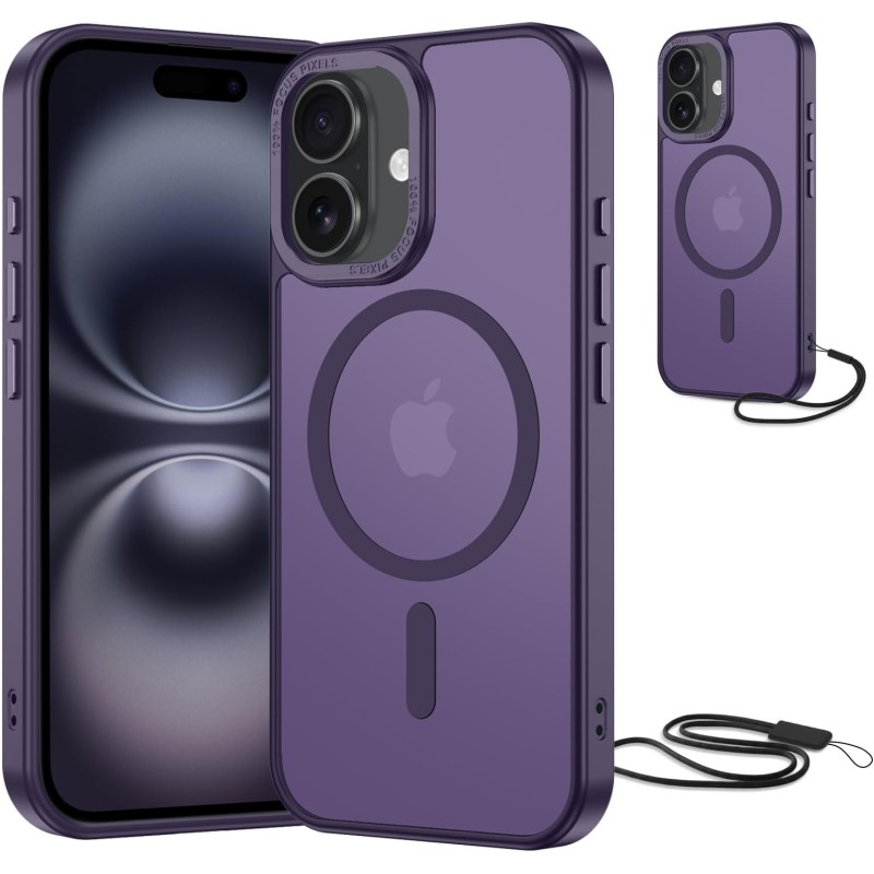 NEW'C Magnétique Coque pour iPhone 16 (6,1 Pouces), Compatible avec MagSafe Antichoc Ultime avec Cordon – Magnétisme Puissant et