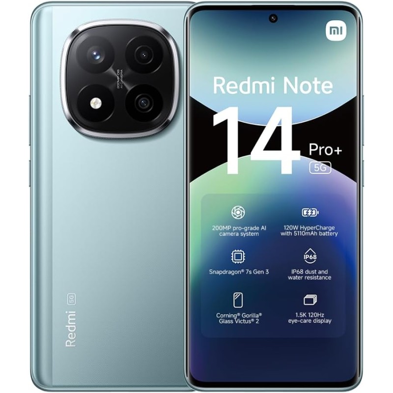 Xiaomi smartphone rougemi note 14 pro+ 5g, 8+256 gb, bleu, appareil photo ia pro-grade 200mp, ip68, 120w hypercharge, fonctionna