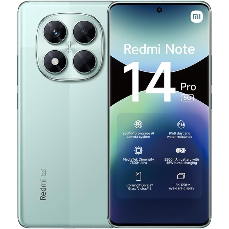Xiaomi smartphone rougemi note 14 pro 5g,8+256gb,vert,caméra ia prograde 200mp,ip68,charge turbo 45w avec batterie 5110mah,fonct