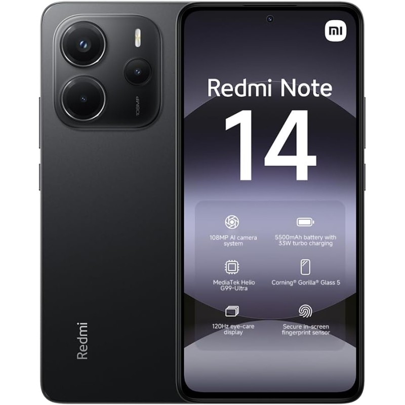 Xiaomi smartphone rougemi note 14,6+128gb,noir,système de caméra ia 108mp,batterie 5500mah,écran de soins oculiares 120hz,foncti