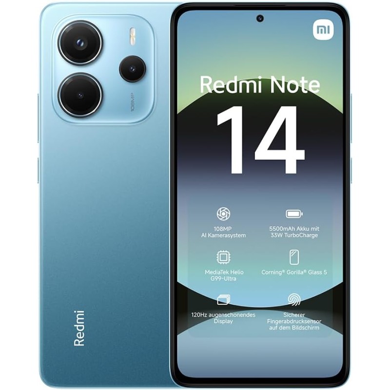 Xiaomi smartphone rougemi note 14,8+128gb,bleu,système de caméra ia 108mp,batterie 5500mah,écran de soins oculiares 120hz,foncti