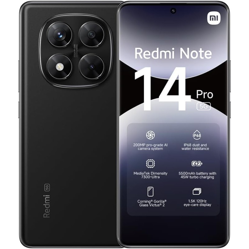 Xiaomi smartphone rougemi note 14 pro 5g,8+256gb,noir,caméra ia prograde 200mp,ip68,charge turbo 45w avec batterie 5110mah,fonct