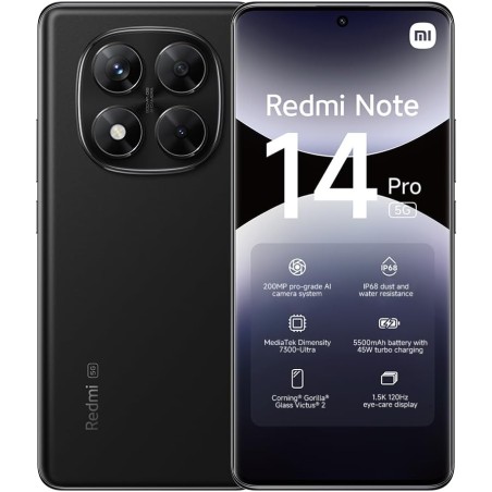 Xiaomi smartphone rougemi note 14 pro 5g,8+256gb,noir,caméra ia prograde 200mp,ip68,charge turbo 45w avec batterie 5110mah,fonct