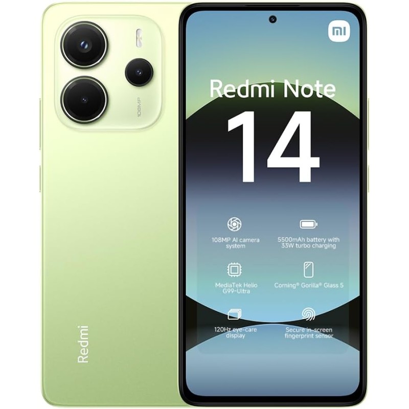 Xiaomi smartphone rougemi note 14,8+256gb,vert,système de caméra ia 108mp,batterie 5500mah,écran de soins oculiares 120hz,foncti