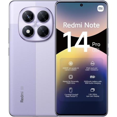 Xiaomi smartphone rougemi note 14 pro 5g,12+512gb,violet,caméra ia prograde 200mp,ip68,charge turbo 45w avec batterie 5110mah,fo