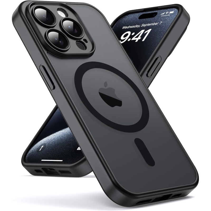 Oududianzi-Coque pour iPhone 15 Pro Compatible avec MagSafe Magnétique, Housse de Arrière Translucide Givrée PC, TPU Silicone Bu