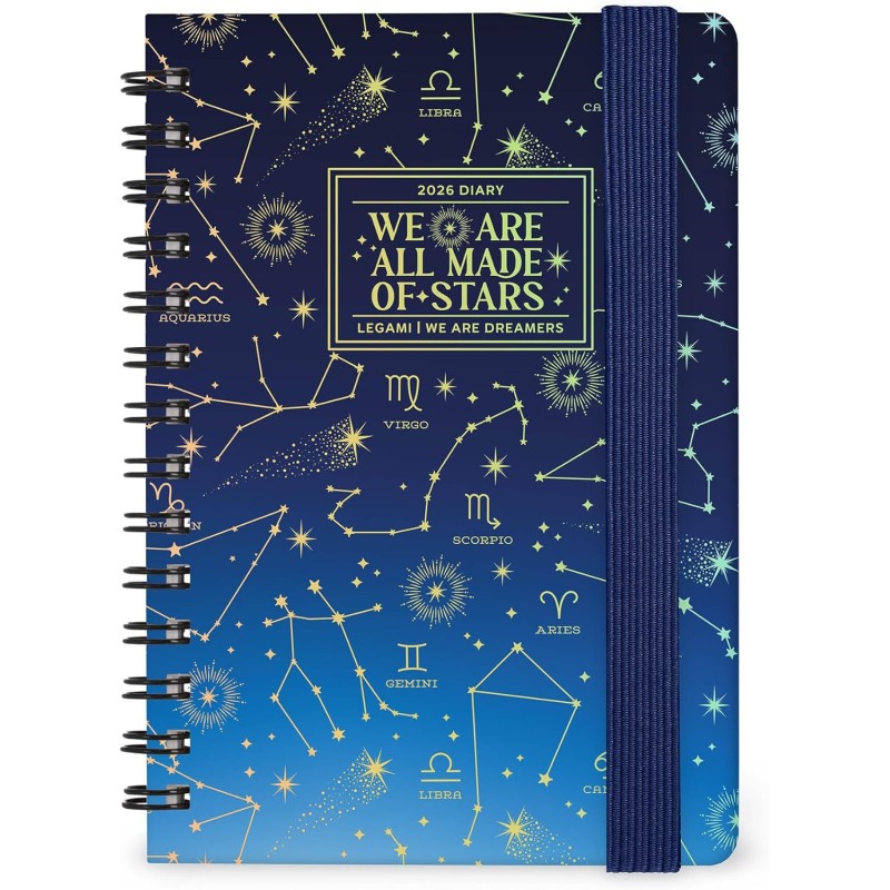 Legami - Agenda hebdomadaire Spiralata Small 2026, Stars, 12 mois petit, fermeture avec élastique, journal de janvier 2026 à déc
