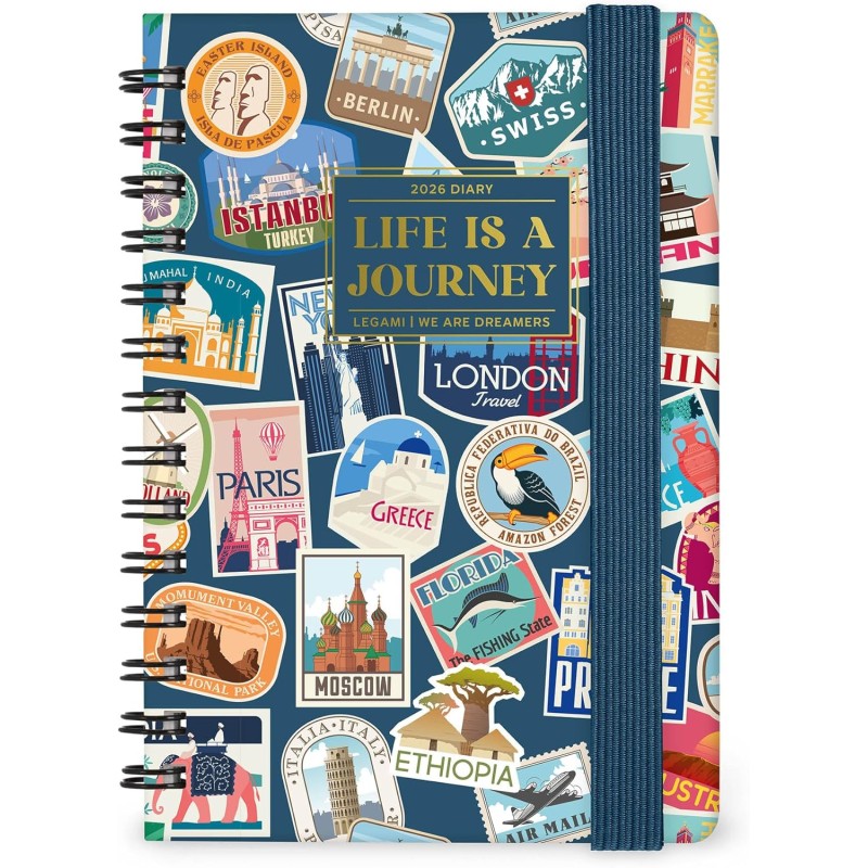 Legami - Agenda hebdomadaire Spiralata Small 2026, Travel Stickers, 12 mois petit, fermeture avec élastique, journal de janvier 