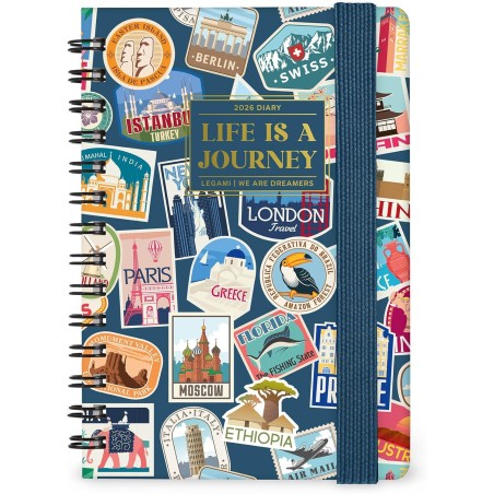 Legami - Agenda hebdomadaire Spiralata Small 2026, Travel Stickers, 12 mois petit, fermeture avec élastique, journal de janvier 