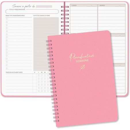 Agenda hebdomadaire non daté - Format A5 - Planning hebdomadaire avec liste de tâches - Large zone de notes - 52 feuilles en fra