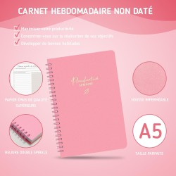 Agenda hebdomadaire non daté - Format A5 - Planning hebdomadaire avec liste de tâches - Large zone de notes - 52 feuilles en fra
