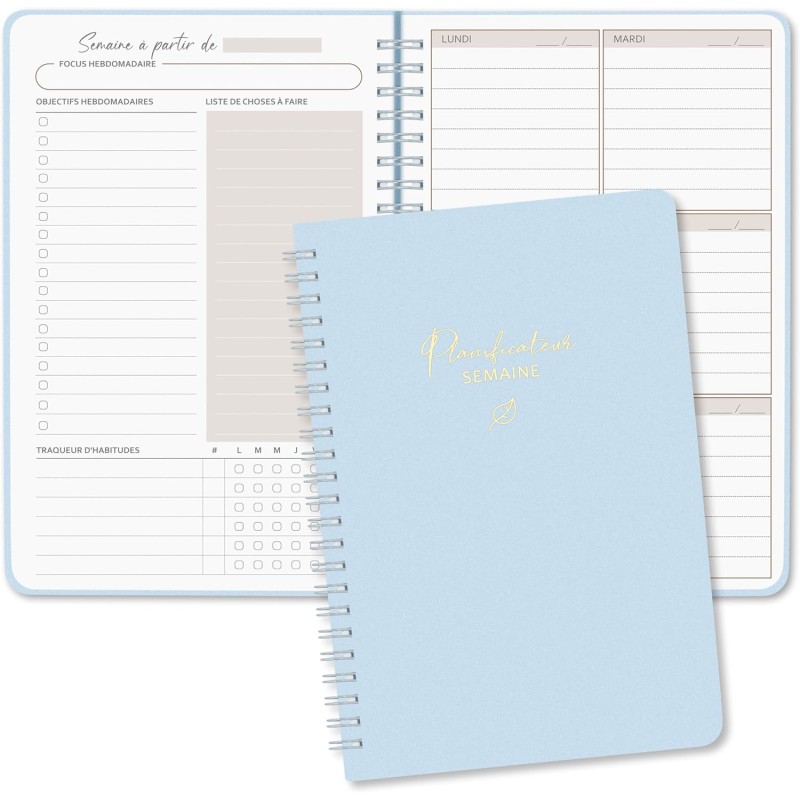 Agenda hebdomadaire non daté - Format A5 - Planning hebdomadaire avec liste de tâches - Large zone de notes - 52 feuilles en fra