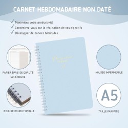 Agenda hebdomadaire non daté - Format A5 - Planning hebdomadaire avec liste de tâches - Large zone de notes - 52 feuilles en fra
