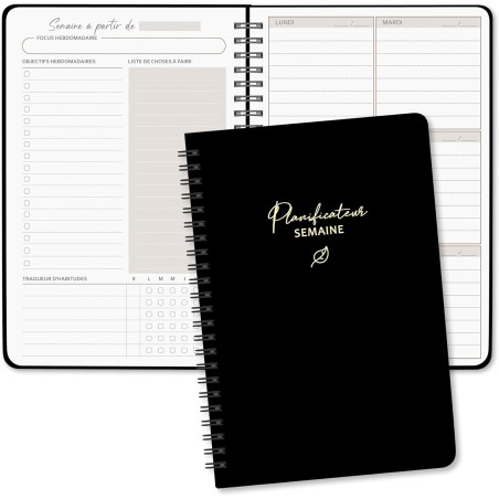 Agenda hebdomadaire non daté - Format A5 - Planning hebdomadaire avec liste de tâches - Large zone de notes - 52 feuilles en fra