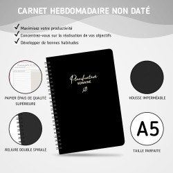 Agenda hebdomadaire non daté - Format A5 - Planning hebdomadaire avec liste de tâches - Large zone de notes - 52 feuilles en fra