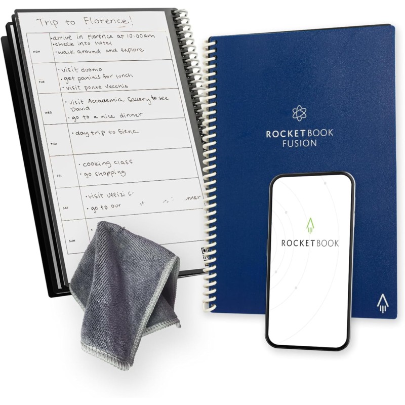 Rocketbook Fusion Agenda Non Daté Réutilisable, Taille Executive 15 cm x 22,4 cm, Bleu Marine - Objectifs, Calendrier Mensuel et