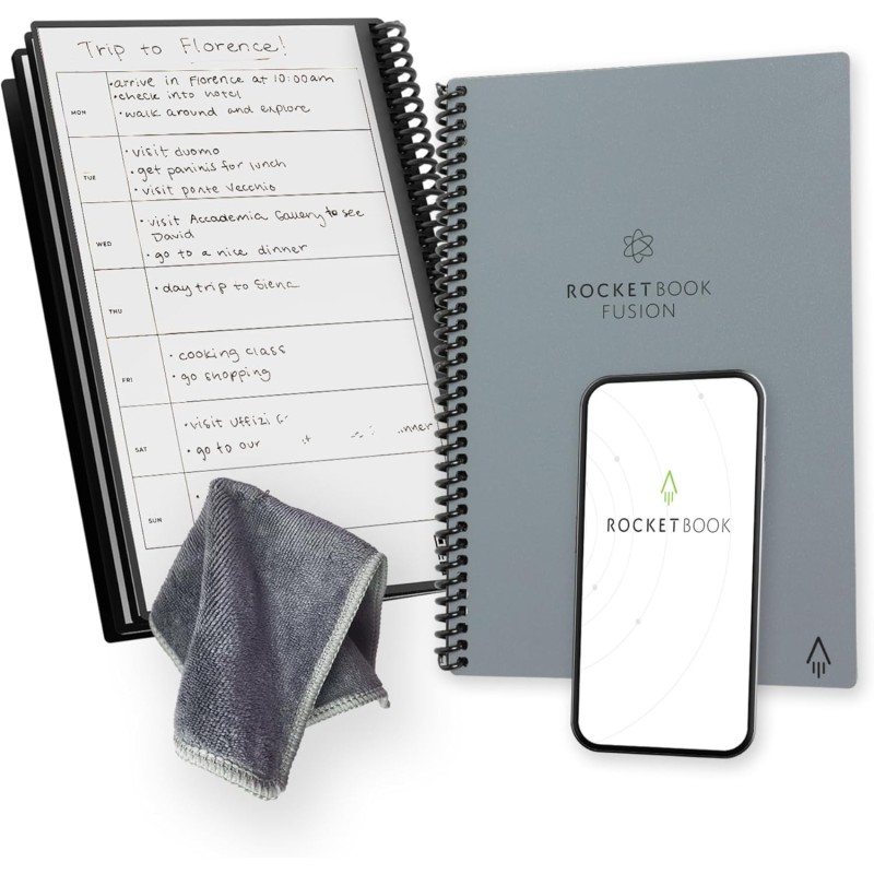Rocketbook Fusion Agenda Non Daté Réutilisable, Taille Executive 15 cm x 22,4 cm, Gris - Objectifs, Calendrier Mensuel et Hebdom
