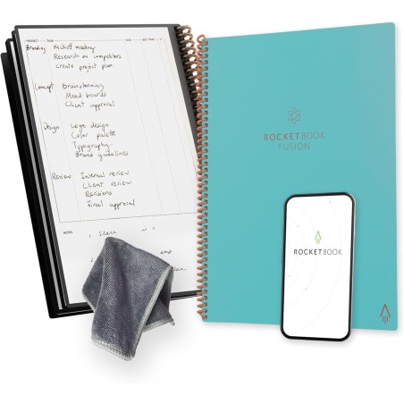 Rocketbook Fusion Agenda Non Daté Réutilisable, Taille Letter 21 cm x 29,7 cm, Bleu Clair - Objectifs, Calendrier Mensuel et Heb