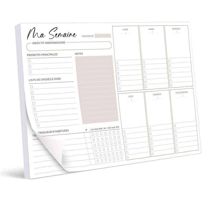 Bloc planificateur hebdomadaire A4 sans date fixe (50 pages), calendrier avec aperçu hebdomadaire et suivi des habitudes pour le
