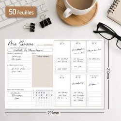 Bloc planificateur hebdomadaire A4 sans date fixe (50 pages), calendrier avec aperçu hebdomadaire et suivi des habitudes pour le