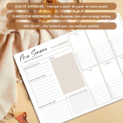 Bloc planificateur hebdomadaire A4 sans date fixe (50 pages), calendrier avec aperçu hebdomadaire et suivi des habitudes pour le
