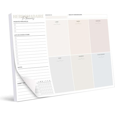 Bloc planificateur hebdomadaire A4 sans date fixe (50 pages), calendrier avec aperçu hebdomadaire et suivi des habitudes pour le