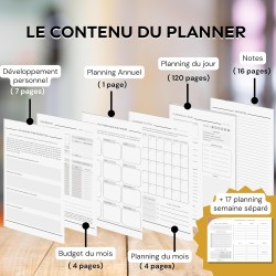 Planner Français de productivité, Semainier, Planning annuel mensuel journalier,agenda non daté, coffret cadeau stickers affirma