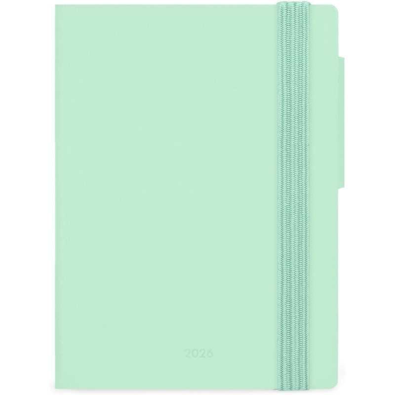 LEGAMI - Agenda hebdomadaire Mini 2026, Pastel Mint, 12 mois Mini, carnet d'adresses inclus, fermeture avec élastique, journal d