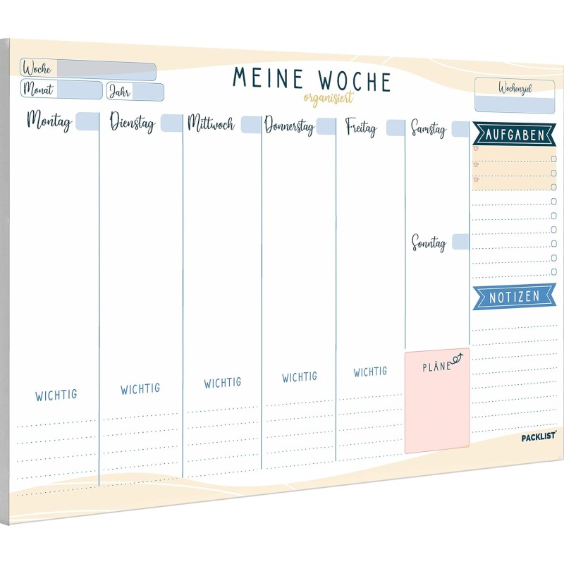 Wochenplaner Block A4 ohne Festes Datum. Terminplaner, Familienplaner mit Wochenziel, To-Do-Liste, TOP 3, Notizen, Pläne, Wichti