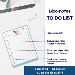 To do list bloc note. Pense bête mémo pour lister les tâches à faire. Bloc-notes format A5. Carnet 50 feuilles détachables avec 