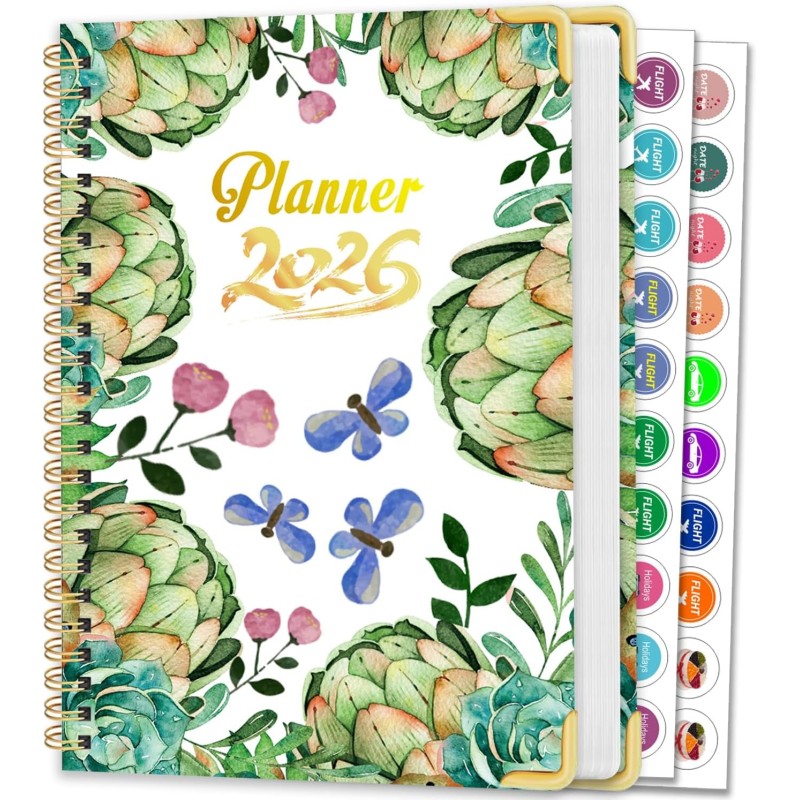 Agenda Calendrier 2026 – Semainier & Mensuel Relié 15,8×21,7 cm, Design Floral, Organisateur avec Onglets, Notes et Autocollants