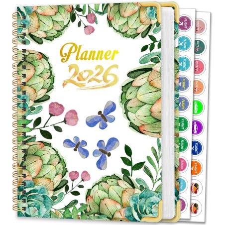 Agenda Calendrier 2026 – Semainier & Mensuel Relié 15,8×21,7 cm, Design Floral, Organisateur avec Onglets, Notes et Autocollants