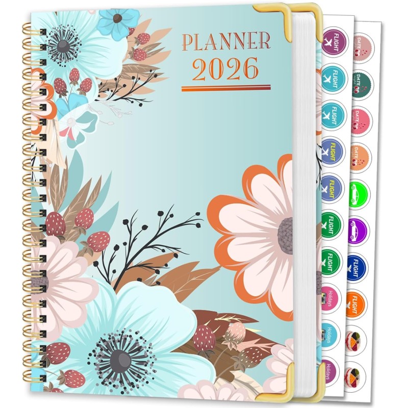 Agenda Calendrier 2026 – Semainier & Mensuel Relié 15,8×21,7 cm, Design Floral, Organisateur avec Onglets, Notes et Autocollants